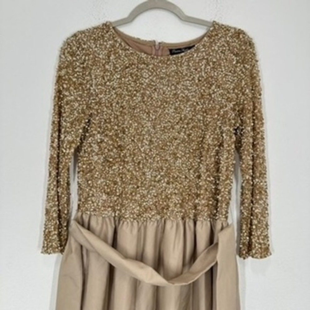 Pisarro Nights Beaded Bodice‎ Taffeta A-Line Gown Sequin Embellished Light Mocha - Picture 5 of 12